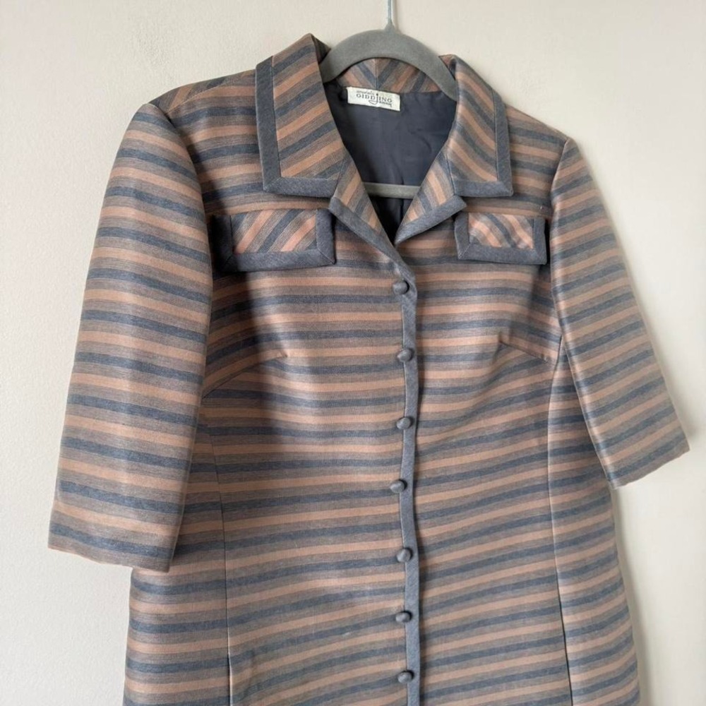 Vintage 50/60s Striped Dress Gray Tan Union Mod Button - Picture 3 of 8
